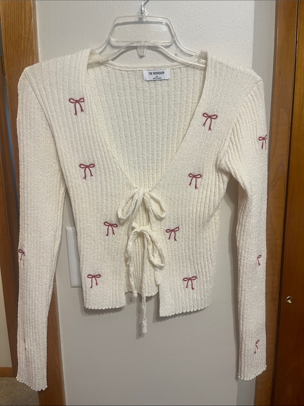 Workshop  Cream Knit Tie-Front Sweater with Red Bow Embroidery
